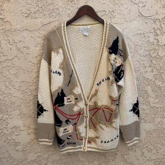 Casual Corner Sweaters - Vintage Casual Corner Europe Map Knit Cardigan Gold Detail Size Womens Small